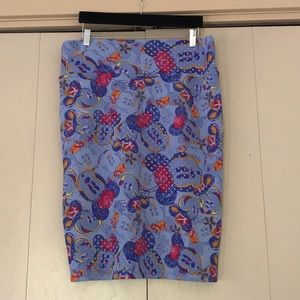 LuLaRoe Cassie Minnie Mouse Graphic Blue Red Gold Pencil Skirt Size Large